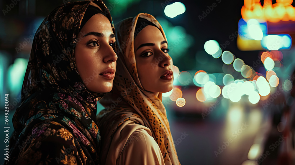 Two Figures Engaged in Nighttime Cityscape Conversation Two Figures Engaged in Nighttime Cityscape Conversation