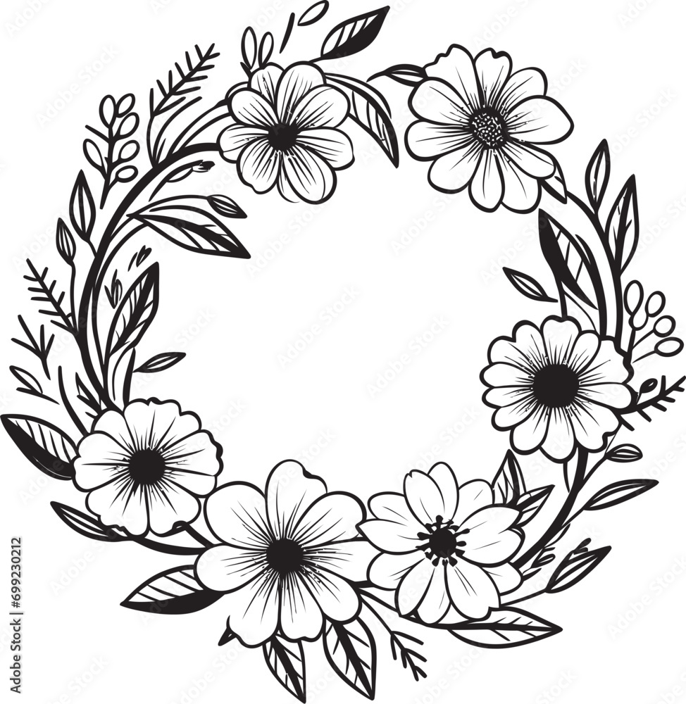 Sophisticated Floral Wreath Handcrafted Vector Icon Abstract Wedding Bloom Black Artistic Emblem