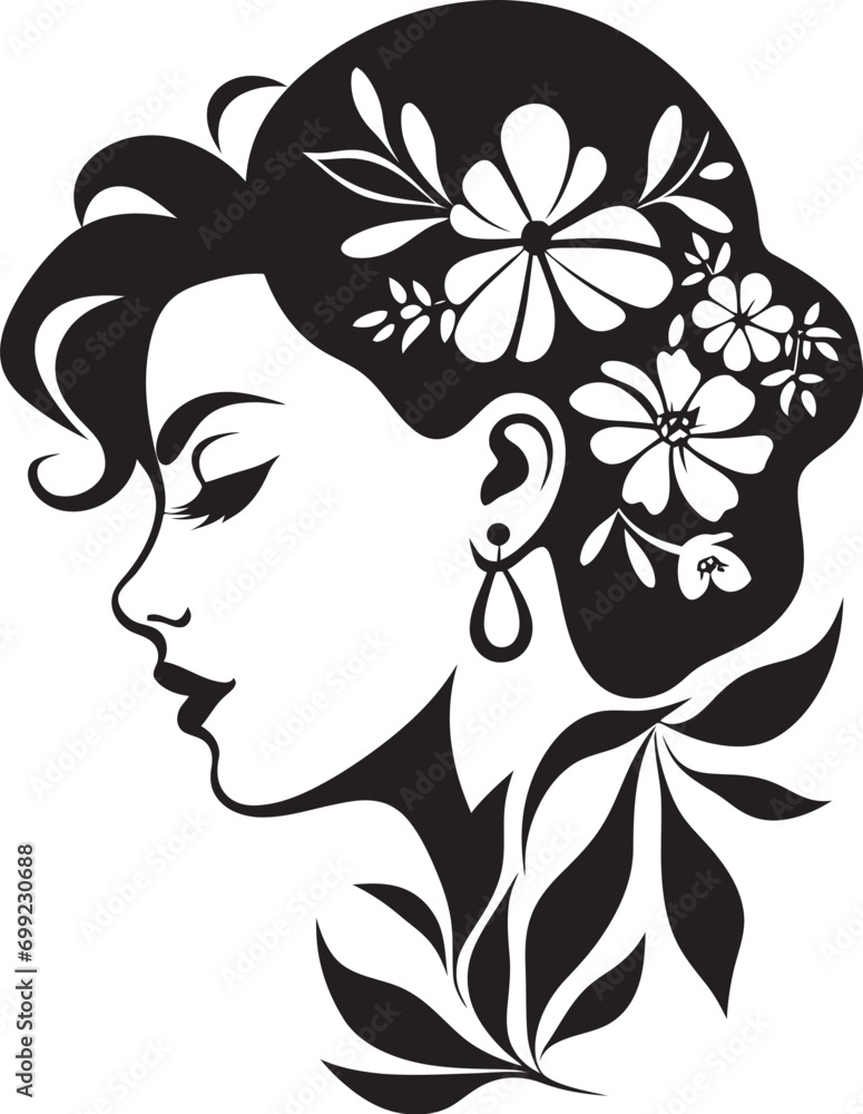 Chic Petal Harmony Black Vector Face Design Petal Adorned Beauty Hand Drawn Woman Logo