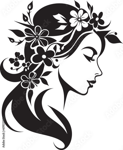 Elegant Floral Muse Black Vector Woman Emblem Graceful Bloom Portrait Artistic Face Icon Design