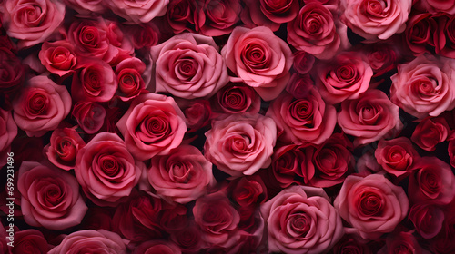 many beautiful roses in shades of pink and red, closely packed together, creating a lush, romantic floral texture