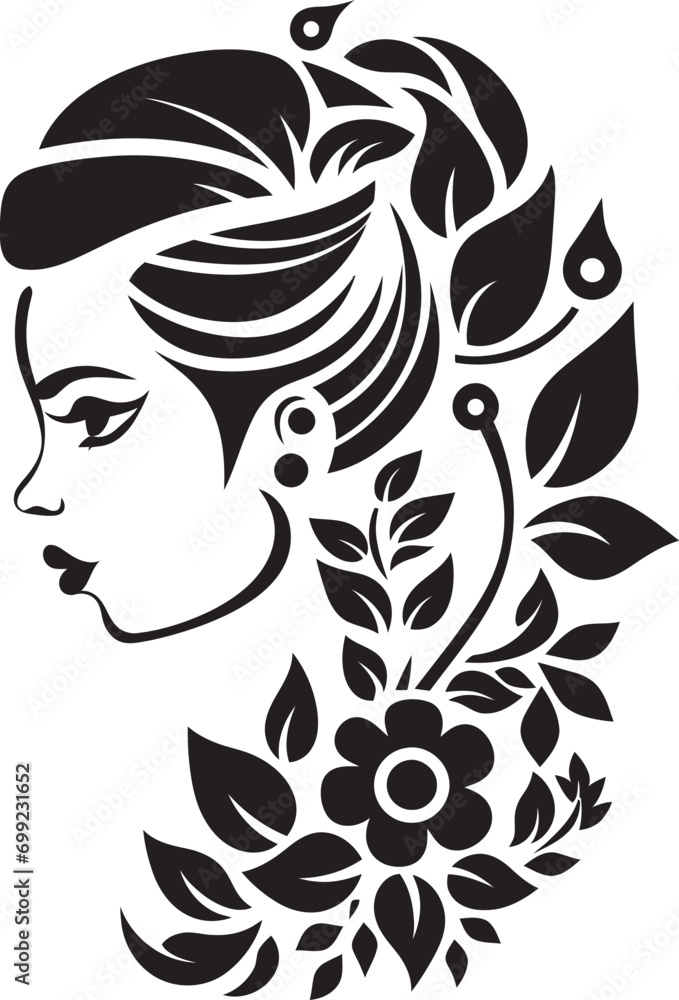 Artistic Petal Beauty Black Floral Face Icon Minimalist Floral Profile Vector Woman Emblem