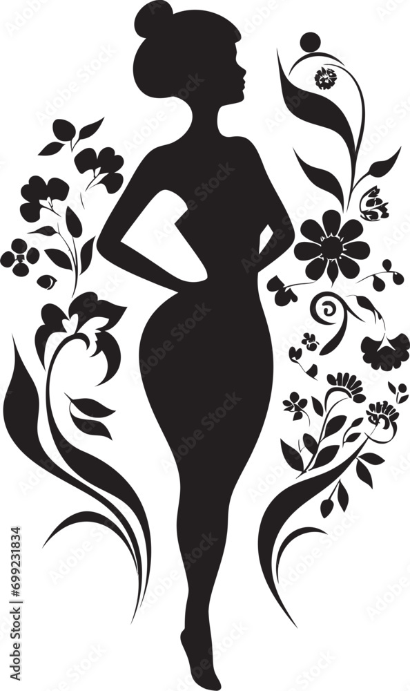 Elegant Botanical Ensemble Vector Woman Icon Graceful Full Body Florals Black Emblem Design