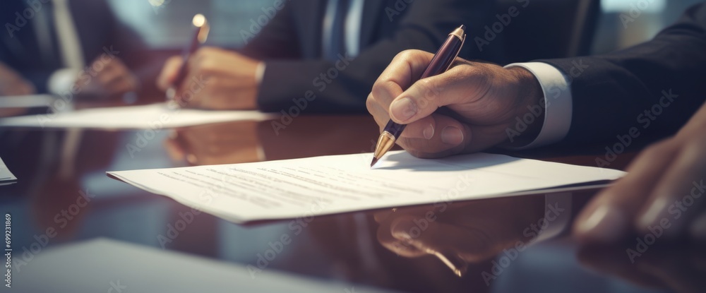 men in business suits signing legal document at table