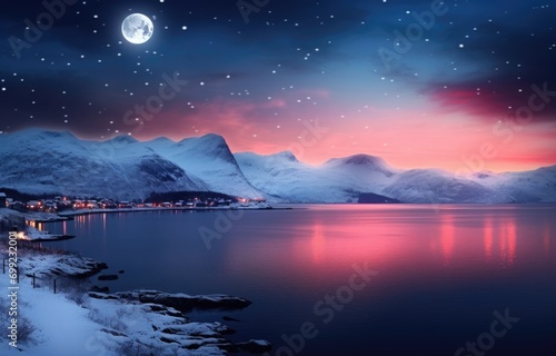 moon over winter landscape with sea and mountain  © grigoryepremyan