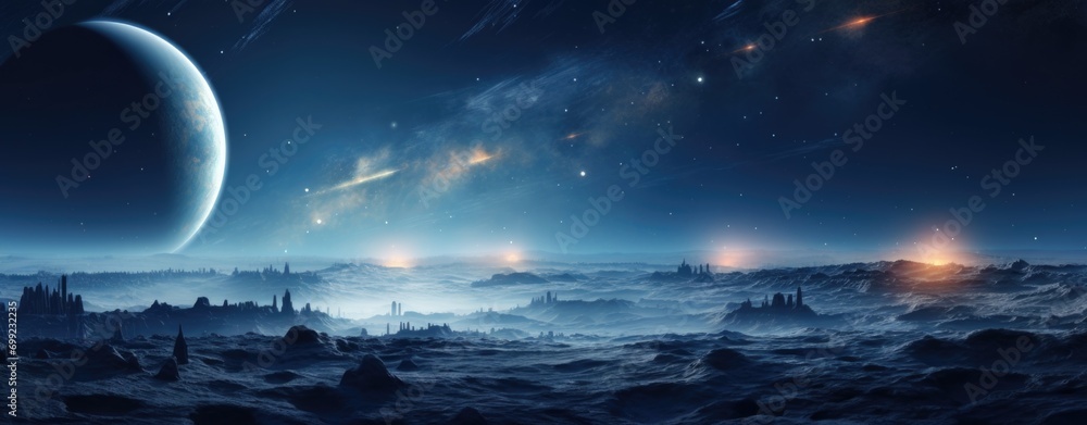 Alien Planet - A Fantasy Landscape with blue skies and clouds Alien Planet - A Fantasy Landscape with blue skies and clouds