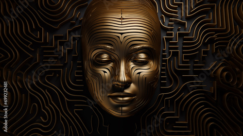 Goldenes Frauengesicht in 3D-Labyrinth. Konzept: Mystik der weiblichen Psyche.  Künstlerisch, düster Abstrakte Illustration mit Labyrinth im Hintergrund