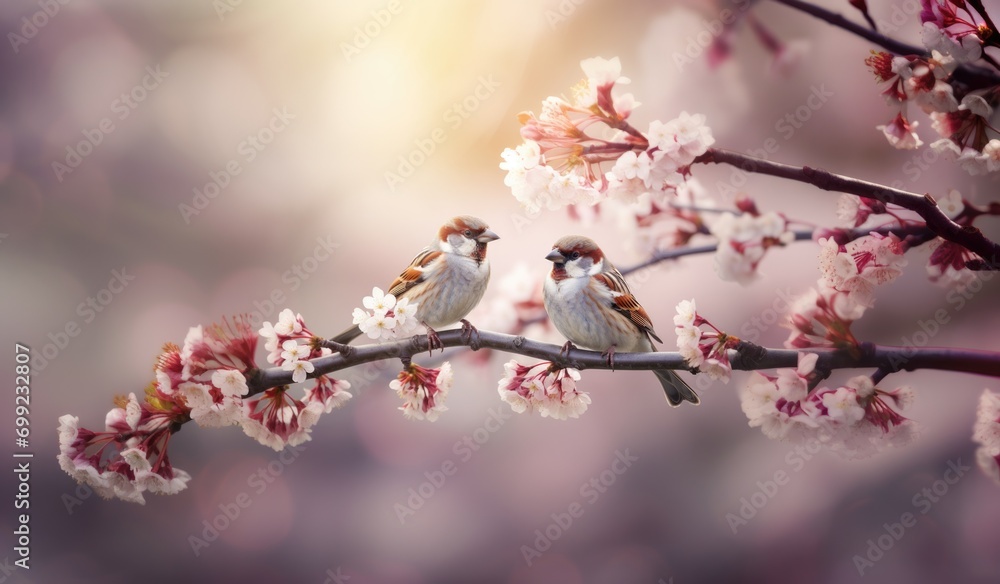 two birds stand on a tree branch two birds stand on a tree branch