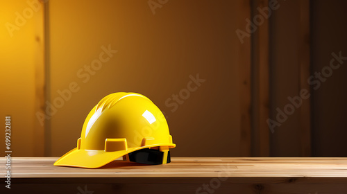 Yellow safety helmet on wooden table background, PPT background