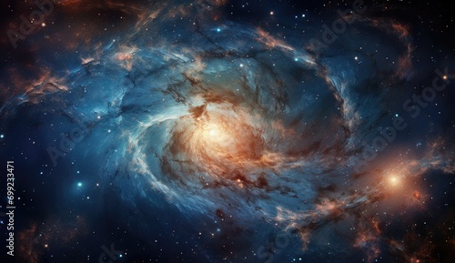 View from space to a spiral galaxy and stars. Universe filled with stars  nebula and galaxy