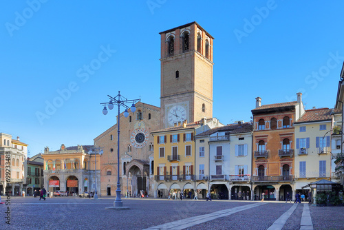 edifici colorati storici di lodi in piazza vittoria in italia, colorful historical buildings of lodi city in italy photo