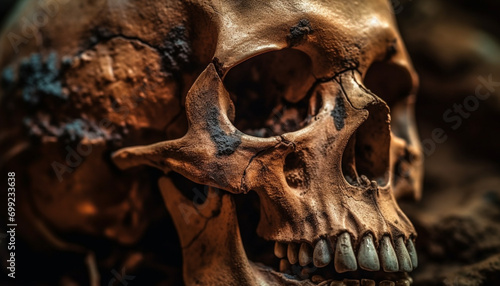 Spooky Halloween Death ancient skull terrifies with grim, dirty, rotting evil generated by AI