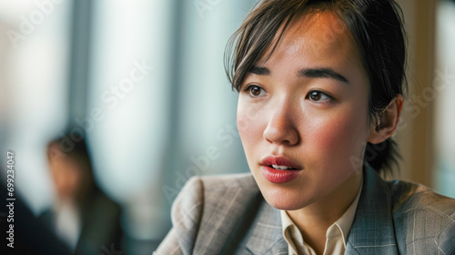 Asian Business woman looking at the camera with colleagues behind in the meeting.