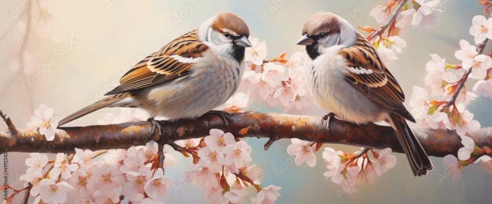 two birds stand on a tree branch