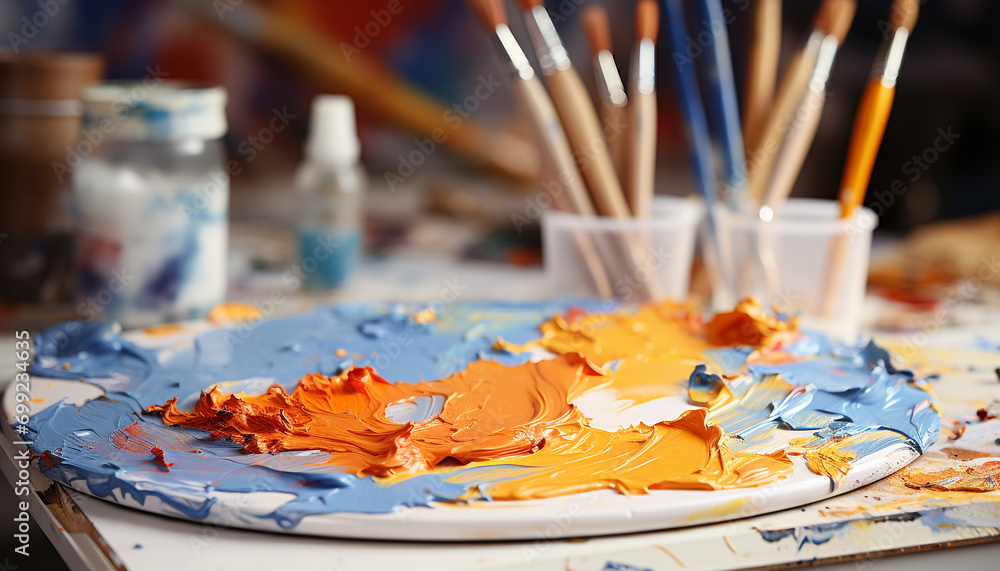 Vibrant colors mix on messy table, creating abstract painting generated by AI Vibrant colors mix on messy table, creating abstract painting generated by AI