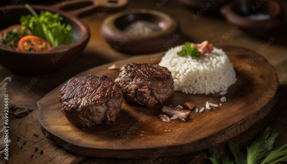 Grilled steak, fresh vegetables, homemade sauce, healthy eating, rustic lunch generated by AI Grilled steak, fresh vegetables, homemade sauce, healthy eating, rustic lunch generated by AI