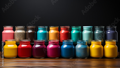 A vibrant collection of colorful bottles on a wooden table generated by AI