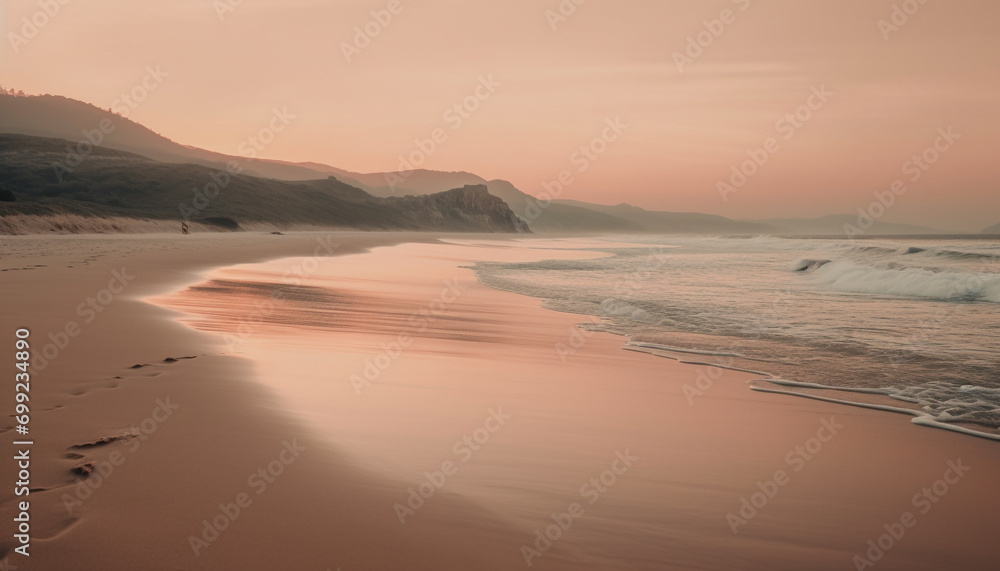 Tranquil sunset over water, wave reflects beauty in nature generated by AI Tranquil sunset over water, wave reflects beauty in nature generated by AI