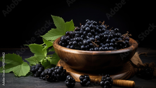 Fresh Black Currants in Wooden Bowl