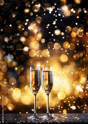 Champaign Glasses on a Gold Brokeh Background. Unfocussed glitter background for New Years Celebrations. Happy New Year, Invitations, Wedding Resources, Advertisements