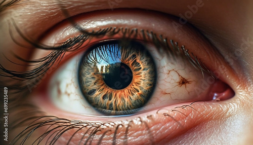 Close up of a woman eye, looking at camera, blue iris generated by AI