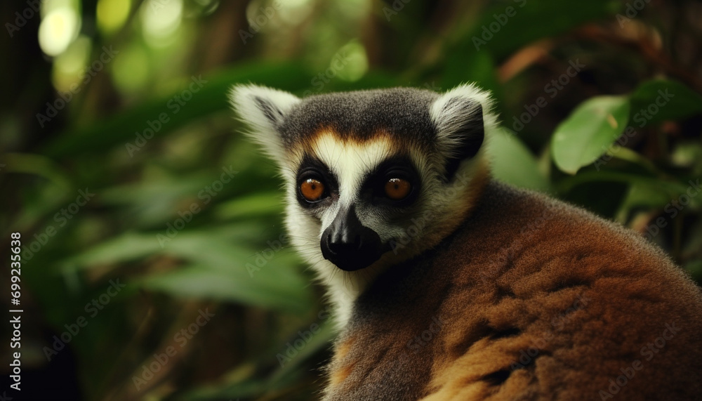Fototapeta premium Cute lemur sitting on a branch, staring with alertness at camera generated by AI