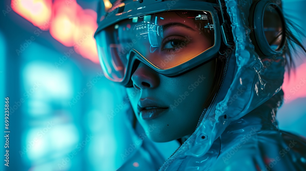 a woman wearing a helmet and goggles in a futuristic setting with a neon light behind her a woman wearing a helmet and goggles in a futuristic setting with a neon light behind her