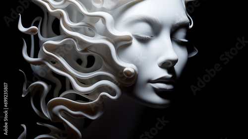 Weißes Frauengesicht mit weißen abstrakten Wellen vor schwarzem Hintergrund. Konzept: Reinheit der Gedanken. Surreale Illustration.  photo