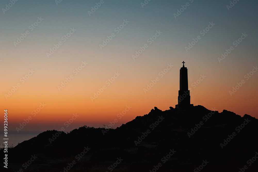 minimalistic photo capturing the silhouette of a monument against the twilight sky, conveying a sense of quiet elegance
