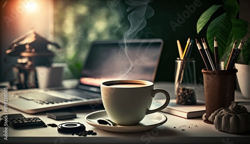 a neatly organized workspace with a steaming cup of coffee, a laptop, and a few stationery items - AI Generative photo