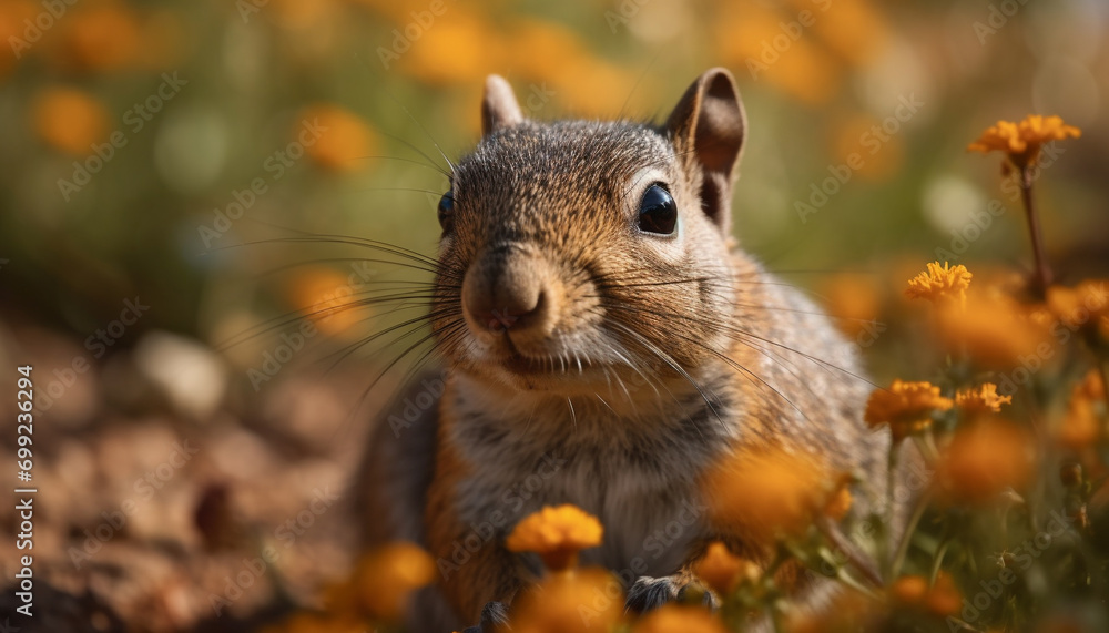 Cute mammal sitting in grass, eating, looking at camera generated by AI Cute mammal sitting in grass, eating, looking at camera generated by AI
