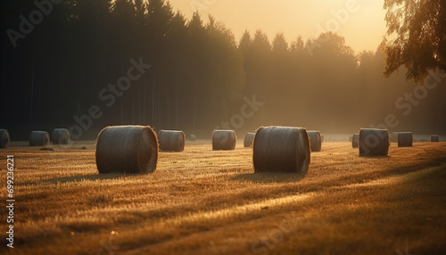 Agriculture beauty in nature farm, meadow, sunset, rolled up hay generated by AI photo