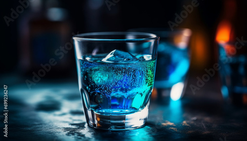 A refreshing blue cocktail poured into a crystal shot glass generated by AI