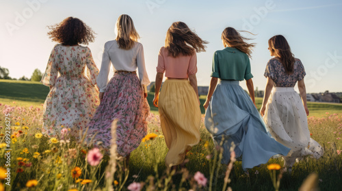 Fototapeta Naklejka Na Ścianę i Meble -  Group of Women Embracing in a Flowering Meadow