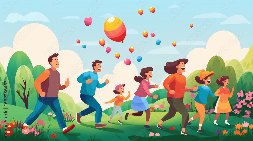 Vector Flat Illustration of a Happy Family Participating in an Easter Egg Roll, Rolling Colorful Eggs Down a Grassy Hill, Easter, Illustration Vector Flat Illustration of a Happy Family Participating in an Easter Egg Roll, Rolling Colorful Eggs Down a Grassy Hill, Easter, Illustration