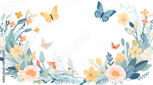 Elegant Vector Flat Illustration of a Floral Easter Wreath Adorned with Eggs, Butterflies, and Spring Flowers, Easter, Illustration