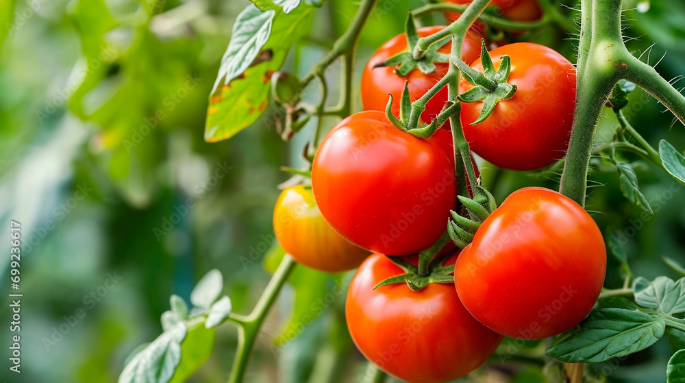  Ripe tomato plants growing in tomato farm field,selective focus. Organic Farming Concept.Organic and Non-GMO Field Crop Concepts.