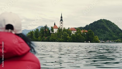 Church of the Assumption of Mary in the center of the lake Bled. small island on Bled Lake in Slovenia photo