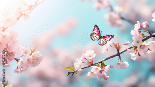 Delicate butterfly flying among soft pink cherry blossoms against a clear blue sky