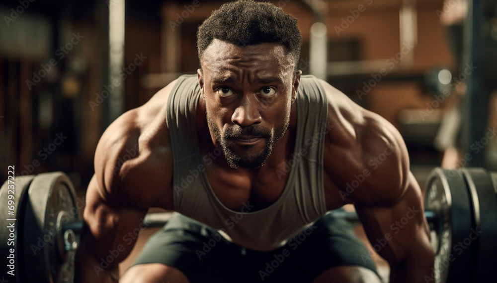 Fototapeta premium Muscular man exercising in gym, showcasing strength and determination generated by AI