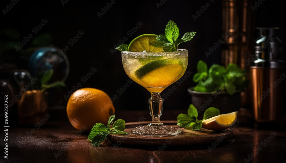 Refreshing mojito cocktail with citrus fruit and mint leaf garnish generated by AI Refreshing mojito cocktail with citrus fruit and mint leaf garnish generated by AI