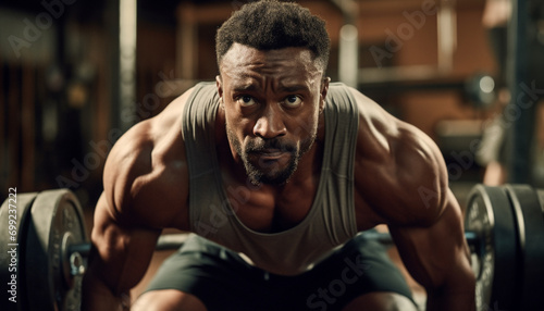 Muscular man exercising in gym, showcasing strength and determination generated by AI