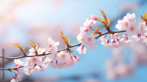 Delicate butterfly flying among soft pink cherry blossoms against a clear blue sky