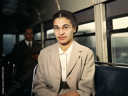 Rosa Parks seated defiantly during Montgomery Bus Boycott, symbolizing resistance against racial segregation in America.