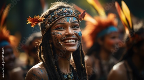 beautiful African woman with a painted face dances