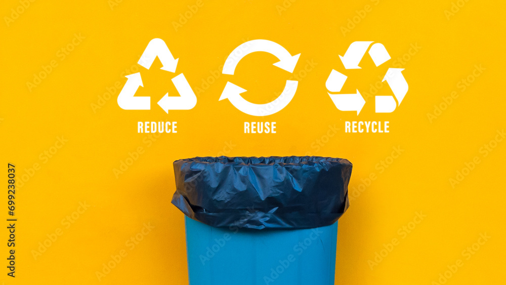 Reduce, reuse, recycle symbol with garbage bin on yellow background ...