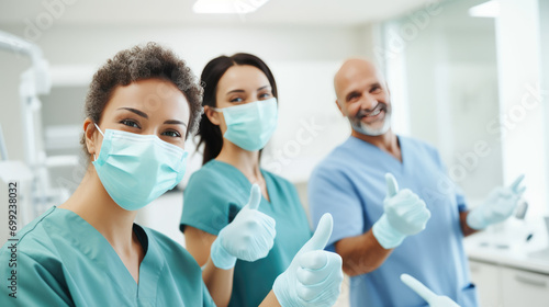 Healthcare professional in the foreground giving a thumbs-up and wearing a surgical mask, with a colleague in the background doing the same, both in a clinical setting.