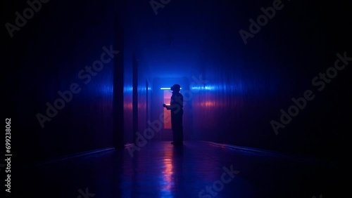 Portrait of silhouette in the hallway with neon light. Person in chemical protection suit walks cautiously in dark corridor, looking around low camera angle. photo