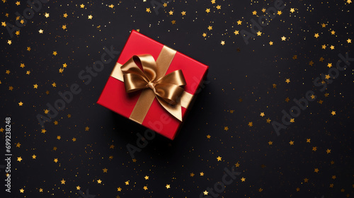 Red gift box with a golden ribbon, surrounded by a scattering of red and gold star-shaped confetti on a dark background.