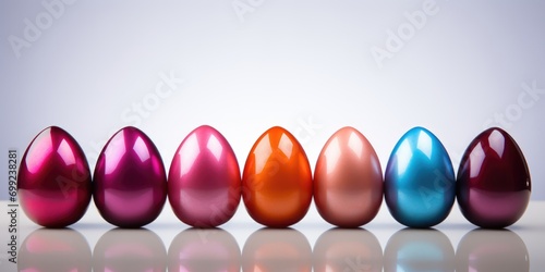 A row of shiny colored eggs in a row.